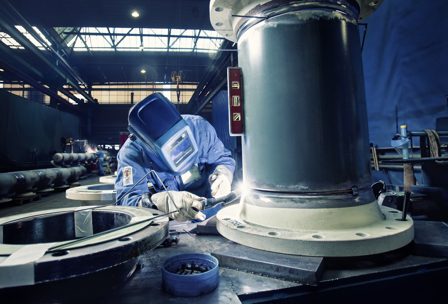 Stork welder in the prefab pipeshop. Prefabrication of piping.